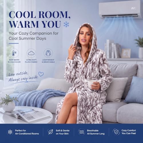 Image of RONGTAI Womens Robes Plush Fleece Hooded Bathrobe Thick Nightgown with Pockets Fluffy Sleepwear