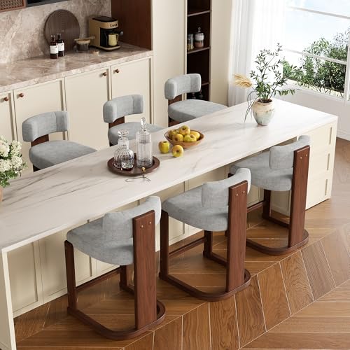 Image of Bar Stools Set of 6, Upholstered Counter Height Bar Stools, Mid Century Modern Counter Stools with Curved Backrest, Solid Wood Legs, 26 inch Bar Chairs for Kitchen Island Bar, Light Grey