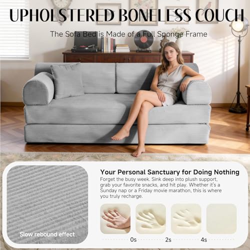 Image of 79'' Convertible Sofa Bed, 6 in 1 Folding Floor Futon Couch Sleeper with Fixed Frame, Corduroy Modular Sofa Bed with Removable Armrests & Pillows, No Assembly for Living Room Bedroom (Light Gray)