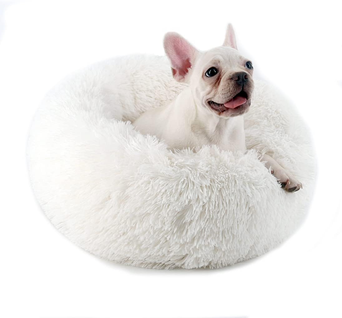 ALLNEODetachable Calming Dog Bed & Cat Bed for Small Medium Dogs and Cats,Machine Washable Donut Cuddler Pet Beds Original Faux Fur Fluffy Round Donut Pet Bed (M, White)