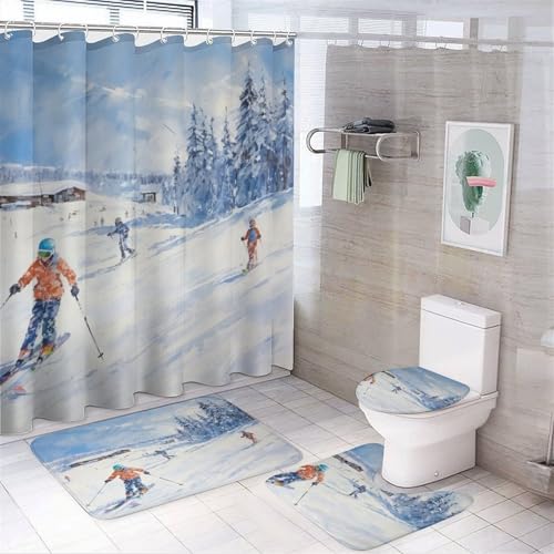 HighonHi Snow Skiing 4Pcs Shower Curtain Set with Rugs Bathroom Sets with Curtain Rug Toilet Cover and U Shaped Mat Leisure Ski Fun Waterproof Fabric Bath Curtain for Bathroom Decor