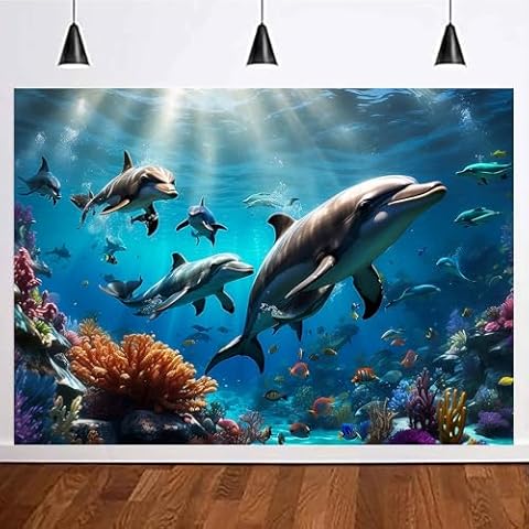 Yongqian 7x5ft Underwater World Photography Backdrop Under The Sea Dolphin Fish Coral Backdrop Kids Birthday Party Decoration Newborn Baby Shower Backdrop Photo Props Cover