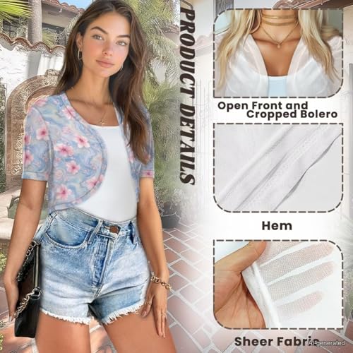 Image of Womens Short Sleeve Cardigans Lightweight Summer Cardigan Trendy Bolero Shrug Cute Floral Cardigan Sheer Bolero