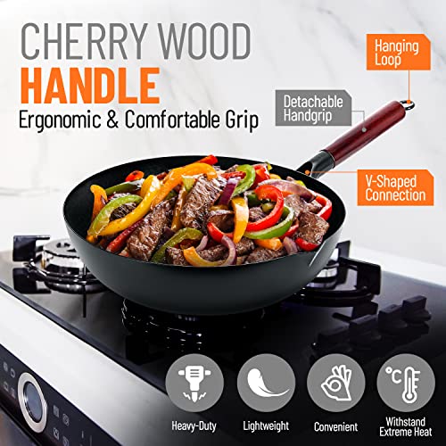 Homeries Wok Pan - 12.8" Woks And Stir Fry Pans, Carbon Steel Wok With Wooden Handle And Lid And 2 Spatulas - Non-Stick Flat Bottom Wok Frying Pan Suitable For Electric, Induction, And Gas Stoves #TOP4