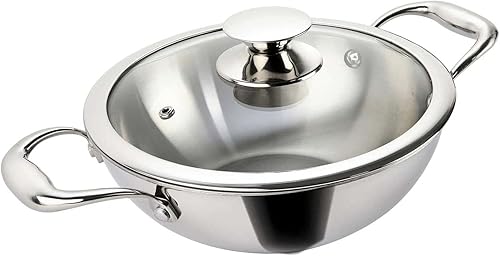 G y D Triply - Sartén de acero inoxidable con tapa de vidrio Tripple con utensilios de cocina Kadhai profundos de acero inoxidable