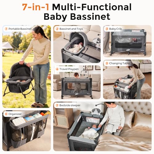 Image of Pamo Babe Pack and Play with Bassinet - 7 in 1 One-Step Setup Bedside Crib, Portable Playpen, Travel Crib, Baby Playard with Diaper Changing Station, Toy Bar & Large Storage Bag