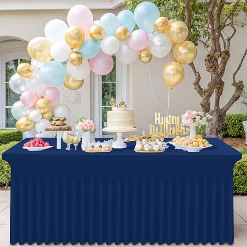 Image of Smiry Spandex Elastic Fitted Table Cloth Skirt for 6FT Rectangle Table | Stretch Washable Table Cloth, Banquet Table Cover for Wedding, Party, Indoor & Trade Shows, (Navy, 72Lx30Wx30H)