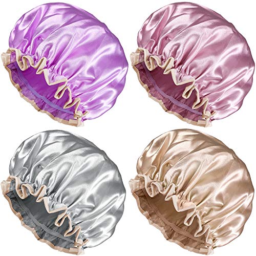 Shower Cap, 4 Pack Shower Caps for Women Reusable, Double Layer Long Hair Shower Cap, Waterproof Bathing Shower Hat, EVA Lined Shower Caps, Stylish Satin Hair Bonnet, Medium Size