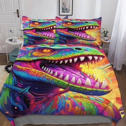 DCCCY Ropa de cama con diseño de dinosaurios, transpirable y agradable, con cremallera, funda nórdica de 3 piezas + funda de almohada King (220 x 240 cm)