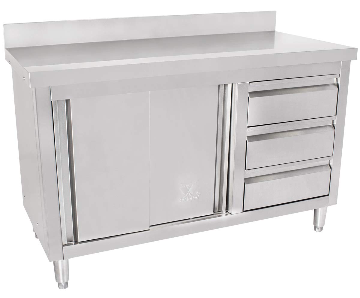 Beeketal 'BAS120-60R' Gastro Edelstahl Küchenschrank mit 3 Schubladen (rechts), 2 Rolltüren und 4 verstellbaren Standfüßen, Küchen Arbeitsplatte mit 10 cm Aufkantung - (L/B/H) ca. 1200 x 600 x 950 mm