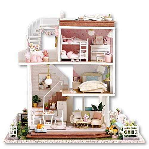 JOLUCE Maison de poupée miniature faite à la main avec 2 chiens 3 étages Grande maison avec piscine sur le toit | Grande 1/24 | Lumière LED + boîtier en...