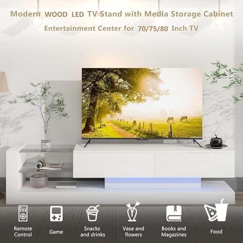 CreekT White TV Stand for 80 Inch TV, Long Entertainment Center for 70 75+ 75 + 80 Inch TV Stand with Storage, White TV Console 70 75+ 80 Inch TV Stands for Living Room, 80 TV Stand 80 Inch TV Table