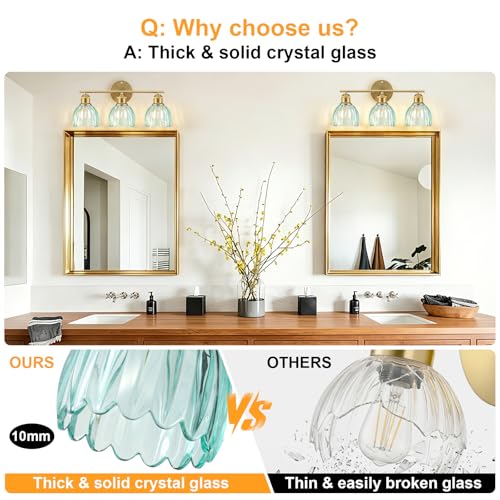 Image of Bathroom Light Fixtures, 3-Light Brushed Gold Vanity Lights for Bathroom with Blue Tulip Glass Shade, 20 inch Vintage Bathroom Vanity Lighting Fixtures Over Mirror for Bedroom Living Room Hallway