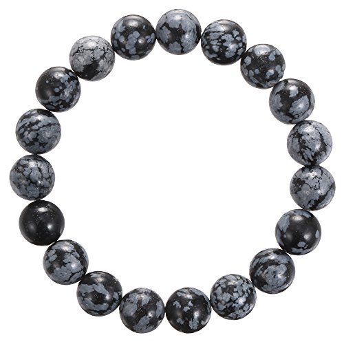 JM Design Snowflake Obsidian Smooth Round Beads Elastic Bracelet 10mm 7.5