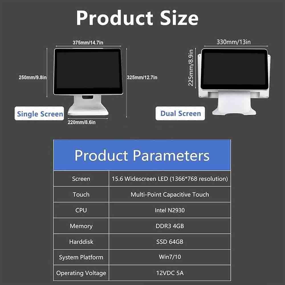 Monitor táctil TPV de 15,6 pulgadas, s-istema TPV para pequeñas empresas, monitor multitáctil, CPU N2930, 4 GB de RAM, SSD de 64 GB, Windows 10, para oficina y restaurante.
