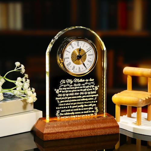 Image of Arikyrist Gifts for Mother in Law Glass Clock to My Mother in Law with Wooden Light Base, Unique Gift Idea for Bonus Mom from Daughter /Son in Law Mothers Day Christmas Birthday Table Decor