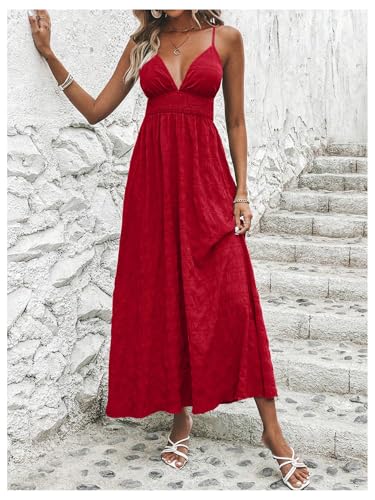 Image of Milumia Women's Summer V Neck Backless Maxi Dress Boho Spaghetti Strap A Line Flowy Beach Long Sundress