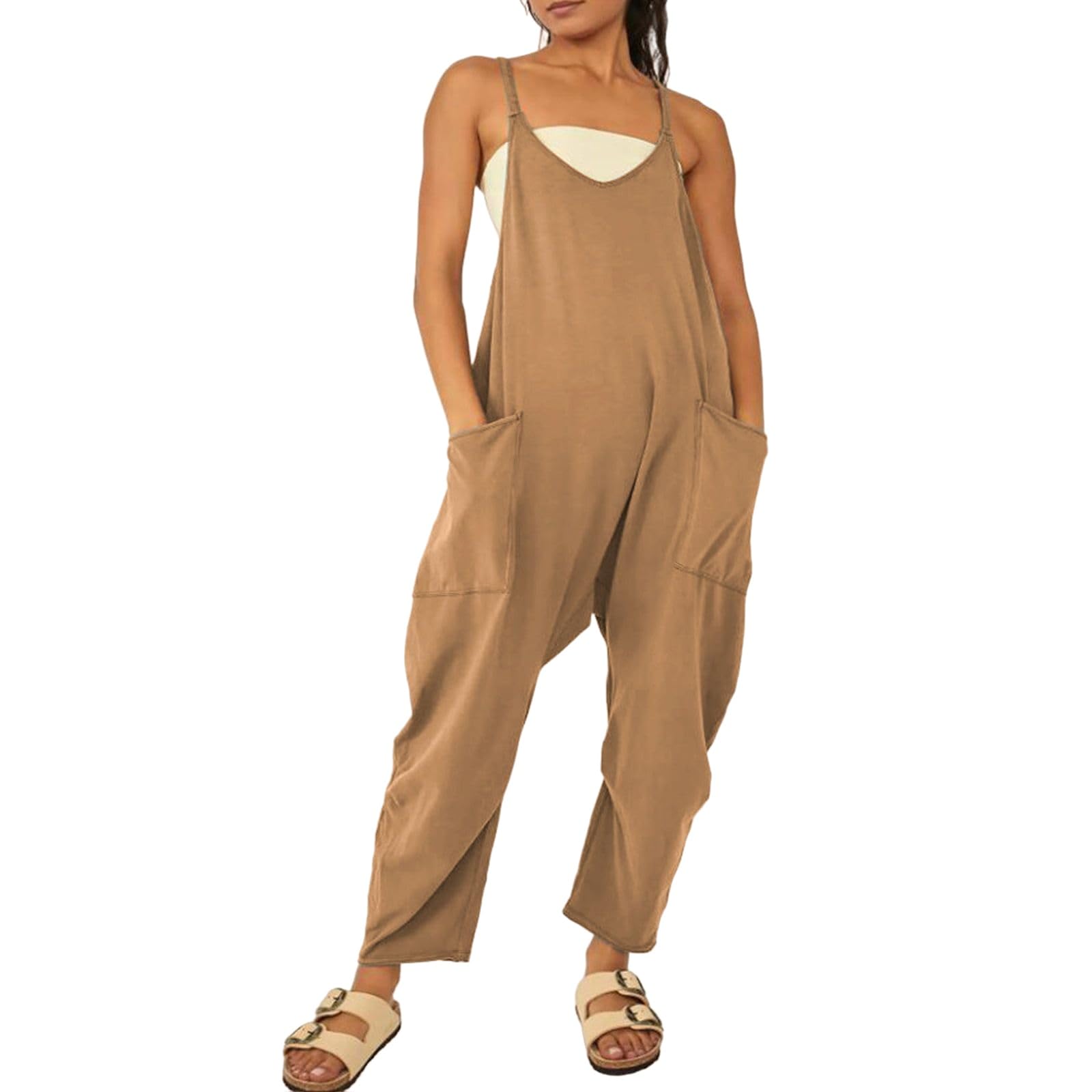Women's Jumpsuit Sleeveless Spaghetti Strap Casual Summer Overalls Loose Wide Leg Beach Romper with Pockets