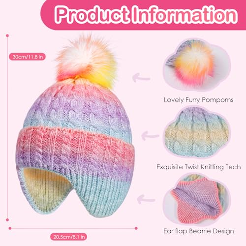 Girls Rainbow Beanie with Earflap,Kids Warm Pom Pom Twisted Knit Winter Hat Ski Skull Cap for Toddler Girls Age 3-82
