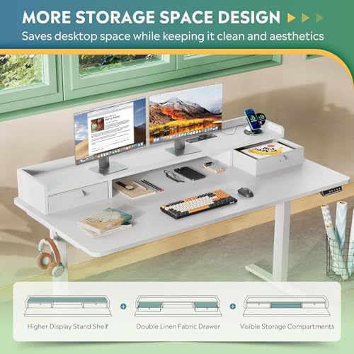 Image of DEVAISE 55 Inch Electric Standing Desk with Shelf, Adjustable Computer Desk for Home Office, with LED Touchscreen, Headphone Hook, 3 Memory Preset, with One-Piece Desktop, White
