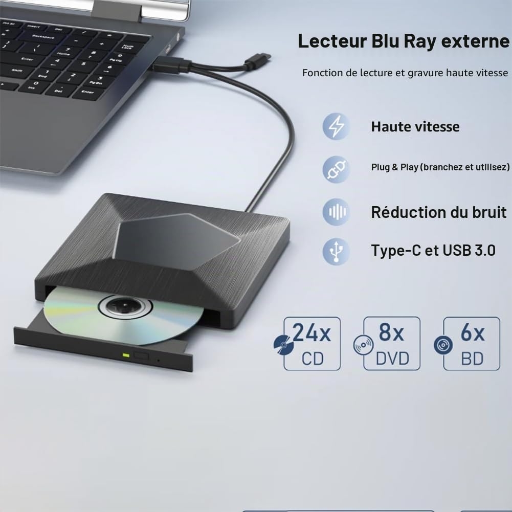 Graveur Blu-Ray Externe, Lecteur Optique Blu-Ray 3D Portable, Lecteur Blu-Ray Externe BD/CD/DVD pour PC Portable