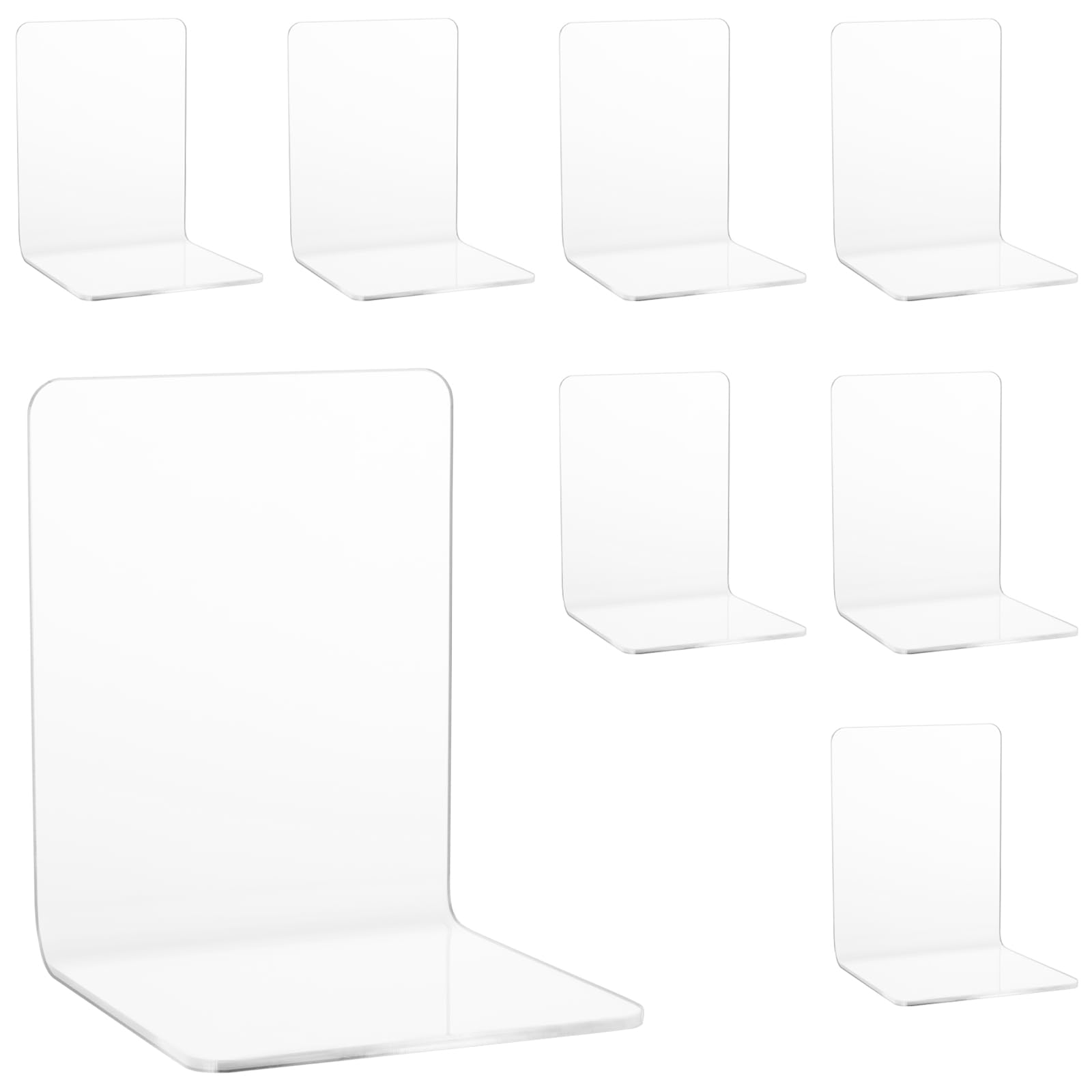 SINJEUN 8 Pack Clear Acrylic Bookends, 10x10x13cm Small Bookends Shelves, Acrylic Bookshelf Holder Stand for Home Office Library Desktop