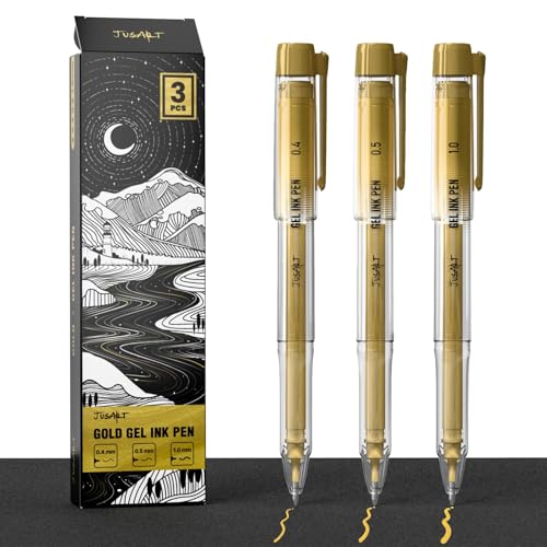 JusArt Gold Pens with 0.4mm 0.5mm & 1.0mm Assorted Tips Opaque Gold Ink Pens for Writing Black Paper Journaling Drawing & DIY Crafts Ideal Drawing Pens for Artists & Art Supplies 3 Pack