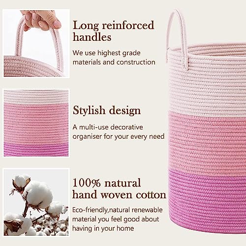 Image of Woven Rope Laundry Hamper Basket, Baby Nursery Hamper For Blanket Storage, Clothes Hamper For Laundry In Bedroom,Hall ( Extra (100L) (14 inchx14 inchx19 inch),(Pink))