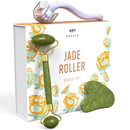 Jade Roller + Gua Sha Tool + Derma Roller 0.25mm Titanium Micro Needles (3-in-1) - Promotes Brighter, Smoother Skin - Supports Increased Lymphatic Drainage, Blood Circulation & Serum Absorption