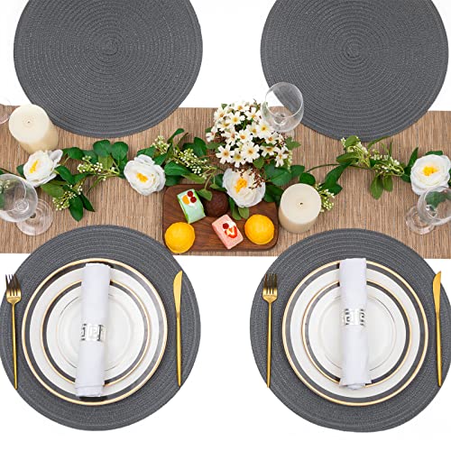 Image of SHACOS Round Placemats Set of 6 Washable 15 inch Round Table Mats Cotton Polyester Woven Braided Place Mats for Dining Table (Charcoal Gray, 6)