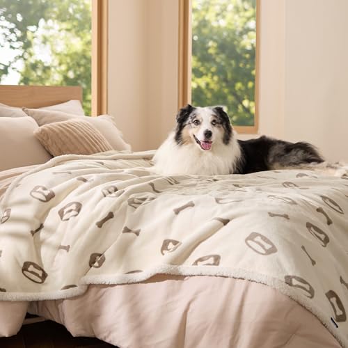 Image of Bedsure Waterproof Blanket for Bed - Soft Print Sherpa Fleece Pet Cat Dog Blankets for Large Dogs Couch Protection, Soft Plush Reversible Furniture Protector, Twin Size, 60 inchx80 inch, Beige