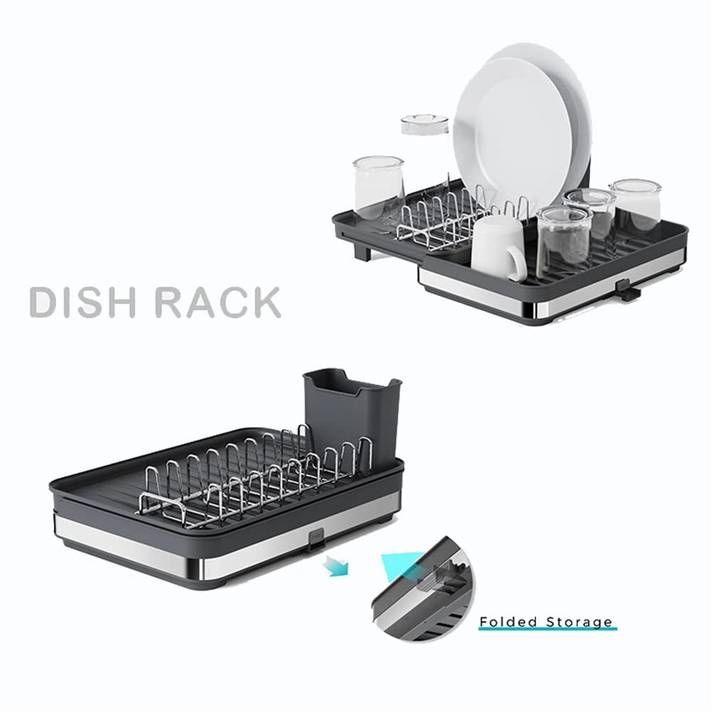 Égouttoir à Vaisselle Extensible, égouttoirs à Vaisselle Pliables en Acier avec Inoxydable Porte-Couverts et Assiette Anti-Rayures, Idéal Biberons, Bouteilles, Vaisselle (Noir)