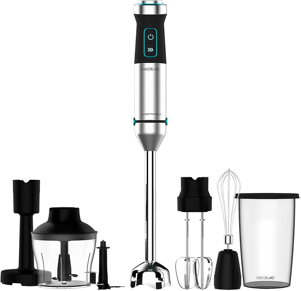 Cecotec Batidora de mano Power TitanBlack 1500 XL PerfectCream&Crush. 1500 W, Tecnología CrossBlades con Cuchillas de 4 hojas, Pie XL, Incluye Picadora, Varillas batidoras y Pasapurés