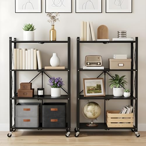 Image of COKIHOM 4 Tier Foldable Storage Shelf, Large Capacity Metal Shelf Rack, Rolling Bookshelf with Wheels, Wire Shelf Organizer for Kitchen, Pantry, Office, Garage, Basement, Black