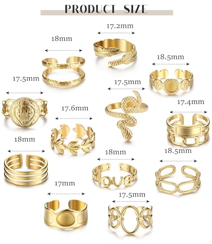 Besteel 18K Gold Plated Rings for Women, Stainless Steel Statement Rings Pack Stacking Boho Midi Rings Adjustable Open Ring Band Twisted Signet Rings Non Tarnish Gold Rings2