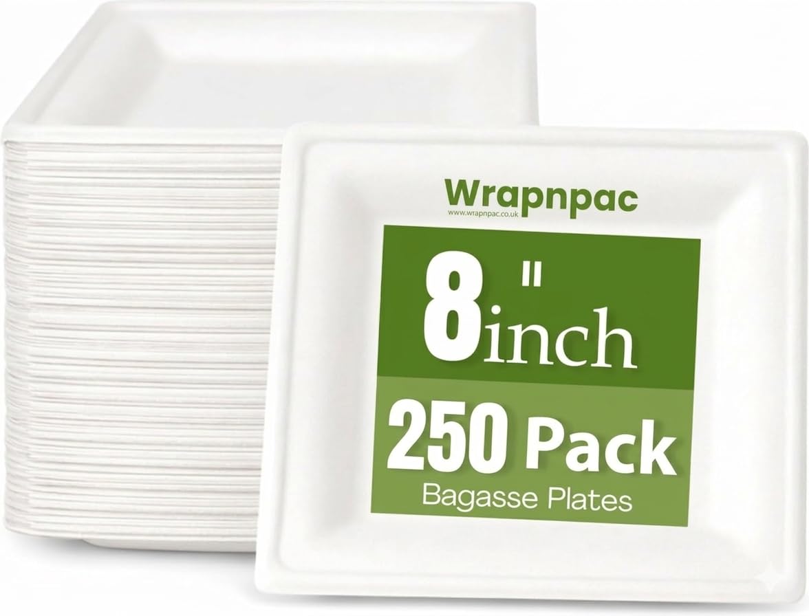 Wrap n Pac 8 inch Round Disposable Biodegradable Bagasse Sugarcane Wedding Party Plates Eco Friendly Tableware Plates (8 Inch - Pack of 250)