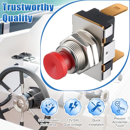 Image of Horn Button, Boat Horn Switch, SPST Momentary Contact Switch, 12V /24V Dual Voltage, Red Button MOM On Off, Screw Terminals 15A /10A Corrosion Resistant Push On Off for Boat Trumpet Electrical (2 Pcs)