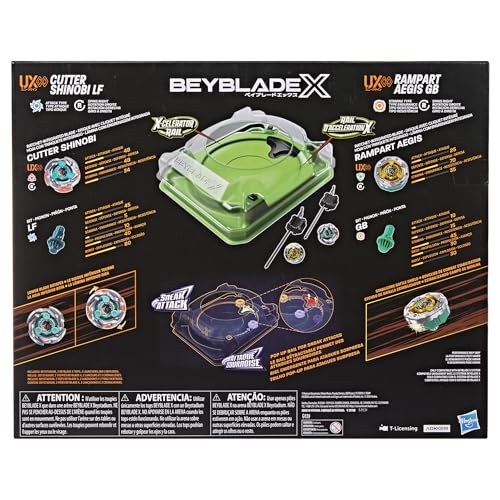 Image of Beyblade X Sneak Attack Battle Set with Beystadium Arena, Rampart Aegis GB & Cutter Shinobi LF, 2 Right-Spinning Takara Tomy Battling Tops Game Toys, 2 Launchers, Ages 8+