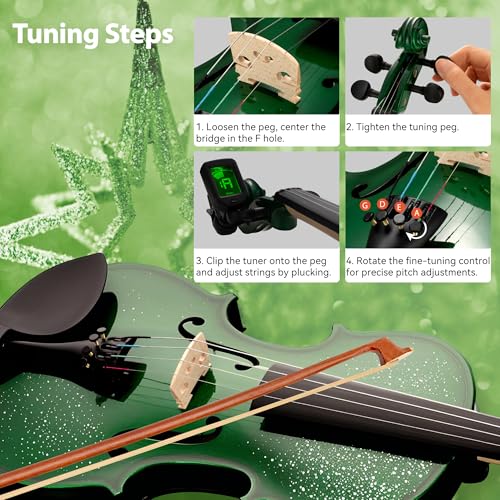 Image of Poseidon Violin for Beginner, Full Size Violin Set for Kids Student with Hard Case, Extra 4 /4 Strings Set, Violin Bow, Horse Bridges, Rosin, Shoulder Rest, Clip-on Tuner, Manual - Green Glossy