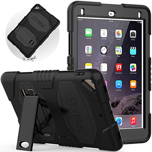 SEYMAC Funda para iPad de 9,7 Pulgadas, Funda para iPad 5th/6th Generation,Funda para iPad Air 2,Funda Protectora A Prueba de Golpes con Pata de Cabra para Funda iPad A1822/A1566/A1893(Negro/Negro)