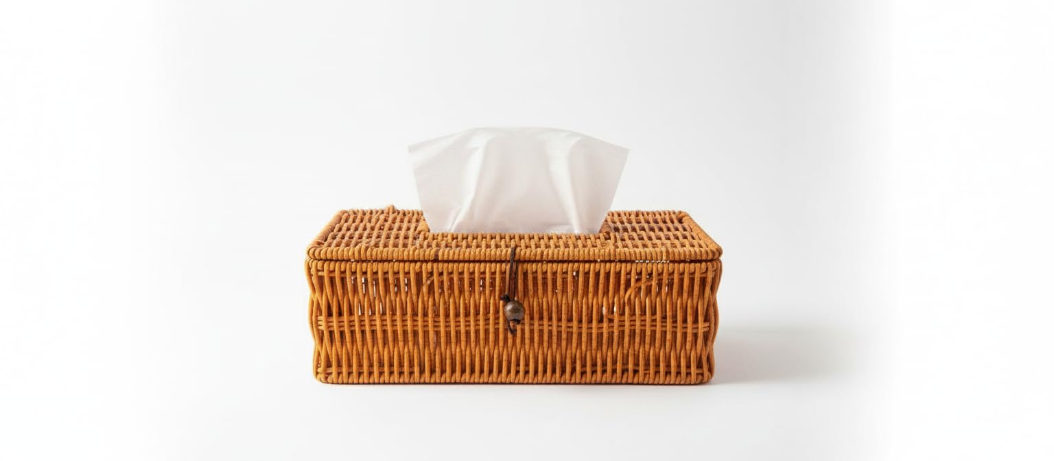 Handwoven Rattan Tissue Box Cover – Decorative Wicker Napkin Holder with Lid & Elastic Closure – Rustic Boho Home Décor for Bathroom, Kitchen, Office Rattan Tissue Box Cover, Rectangular