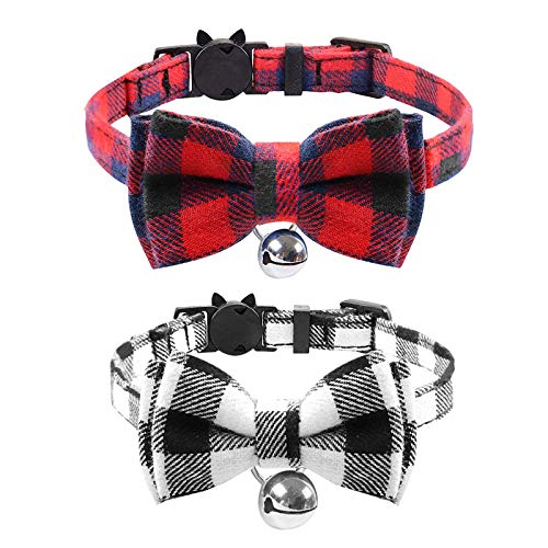 2 Pack Plaid Cat Collars with Bow Tie and Bell, Adjustable
