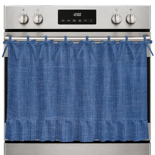Gehucoxee Oven Skirt Curtain for Kitchen Decor, Navy Blue Decorative Oven Curtain Tie Top 32x24 Inches, Vintage Country Monochrome Farmhouse Stove Door Cover Skirt for Dishwasher, Cabinet Decor