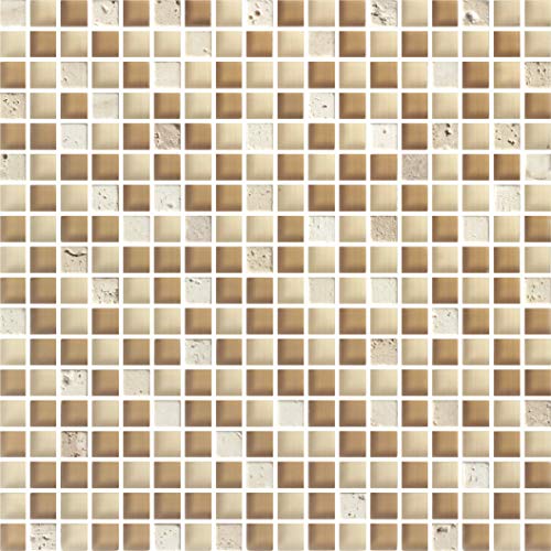 Cottoceram, Mosaico enmallado Mod. 8003, Cristal Beige (2 Tonos) y mármol Travertino, Piezas de 1,5x1,5cm. en Malla de 30x30cm.