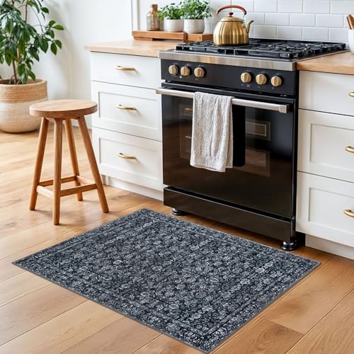 2x3 Black Washable Area Rug for Entryway, Non-Slip Soft Indoor Door Mat Distressed Floral Low-Pile Kitchen Rugs, Neutral Vintage Carpet for Entrance Farmhouse