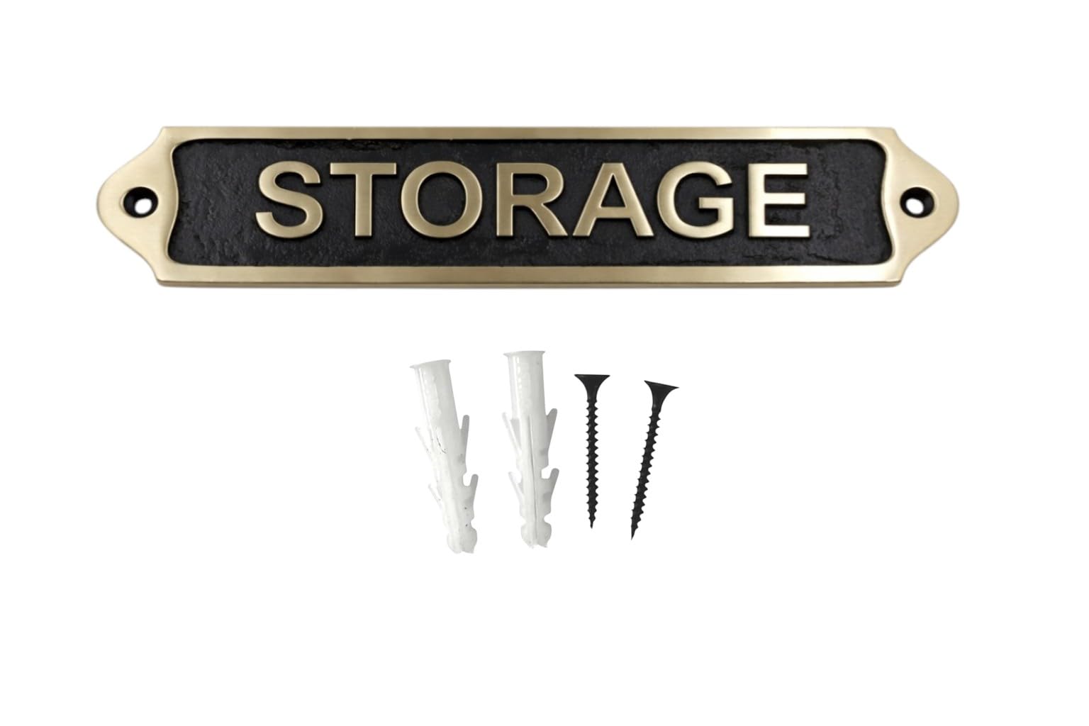 STORAGE Brass with Black Metal Door & Wall Sign Plaque | Classic Utility Room Name Plate with Screws for Home Office Garage Cupboard | 21.5 x 4.5 cm | STORAGE — image 1