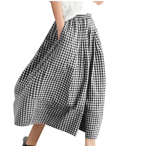 Capri Pants for Women Wide Leg Culottes Gingham Casual Summer Elastic Waist Plaid Palazzo Trousers Bottoms with Pockets