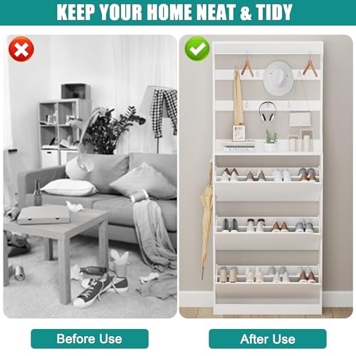 Image of Shoe Cabinet for Entryway with 3 Flip Drawers, White Tall Wood Shoe Storage Cabinet with Coat Rack, Narrow Hidden Slim Freestanding Shoe Rack Organizer, 2 in 1 Hall Tree for Living Room, Hallway