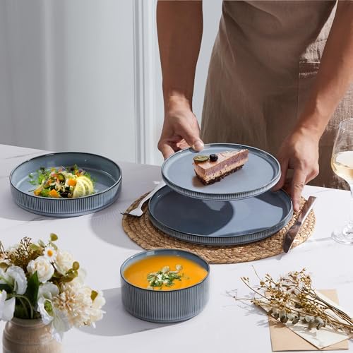 Image of E-far 16 Piece Dinnerware Sets, Plates and Bowls with Pasta Bowls Service for 4, Modern Stoneware Ribbed Dishes for Kitchen Dining, Microwave & Dishwasher Safe, Dusty Blue