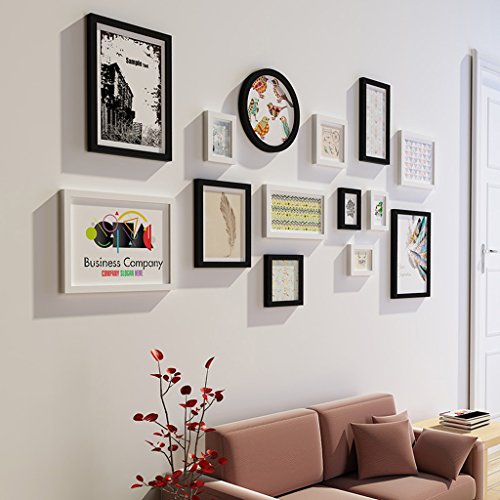Juego de marcos de fotos para sala de estar, rectangular, con combinación de dibujo, pared de fotos, fondo de restaurante para pared (color: negro+blanco) Cover